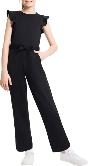 WULFUL Girls Jumpsuits Ruffled Sleeves Summer Fashion One Piece Romper Outfits Belted Wide Long Pants