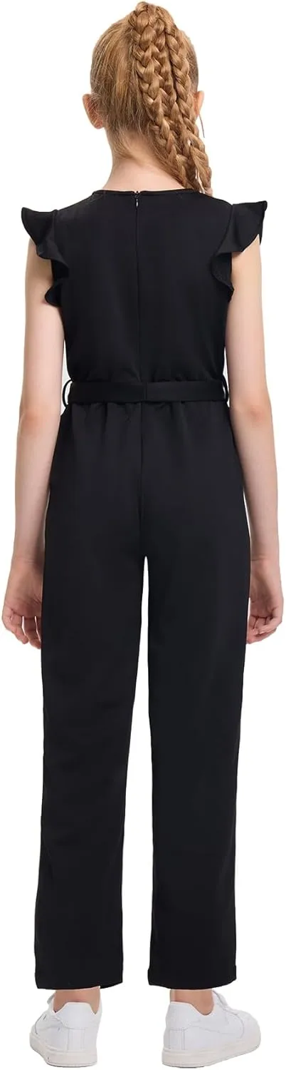 WULFUL Girls Jumpsuits Ruffled Sleeves Summer Fashion One Piece Romper Outfits Belted Wide Long Pants