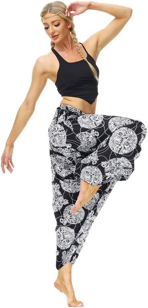 Xixiuly Women Drop Crotch Hippie Harem Pants Boho Pattern High Waist Baggy Yoga Trousers