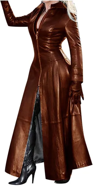 XUNRYAN Womens Faux Leather Maxi Long Jacket Vintage Victorian Steampunk Jackets Zipper Gothic Plus Size Long Trench Coat