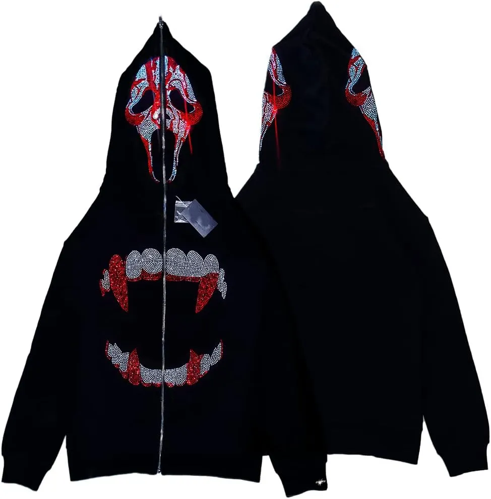 Y2k Black Rhinestone Zip Up Hoodie Women Oversized Sweatshirt Grunge Aesthetic Hoodies Men Casual Jackets Streetwears