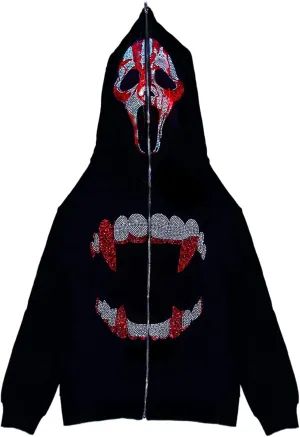 Y2k Black Rhinestone Zip Up Hoodie Women Oversized Sweatshirt Grunge Aesthetic Hoodies Men Casual Jackets Streetwears