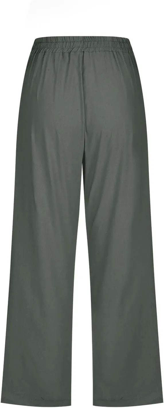 yardsong Capri Pants for Women Cotton Linen Casual Summer Pants Plus Size Drawstring Elastic Waist Capris with Pockets