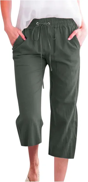 yardsong Capri Pants for Women Cotton Linen Casual Summer Pants Plus Size Drawstring Elastic Waist Capris with Pockets
