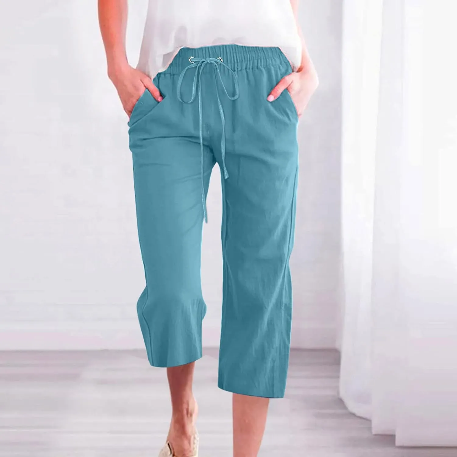 yardsong Capri Pants for Women Cotton Linen Casual Summer Pants Plus Size Drawstring Elastic Waist Capris with Pockets