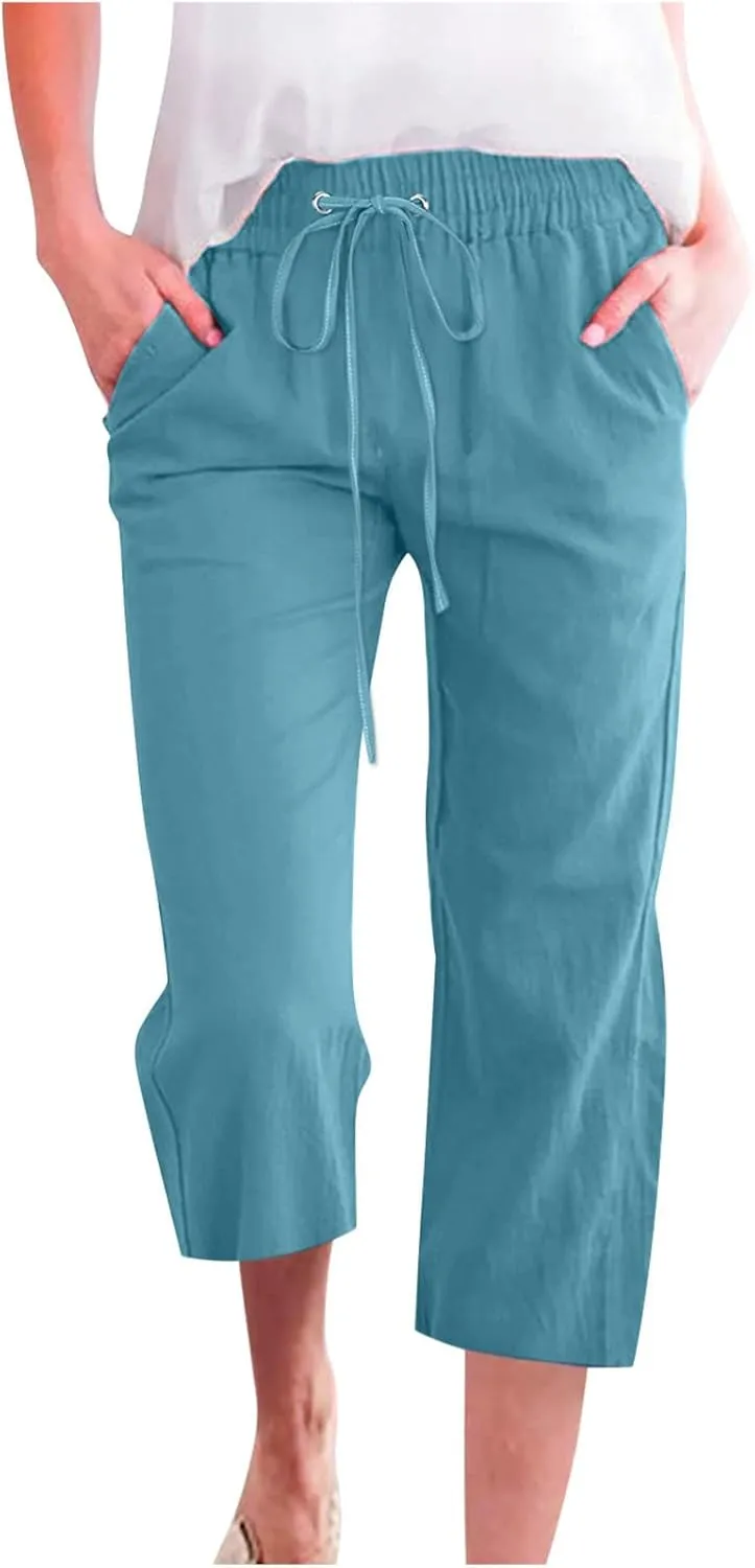 yardsong Capri Pants for Women Cotton Linen Casual Summer Pants Plus Size Drawstring Elastic Waist Capris with Pockets