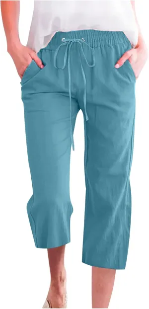 yardsong Capri Pants for Women Cotton Linen Casual Summer Pants Plus Size Drawstring Elastic Waist Capris with Pockets