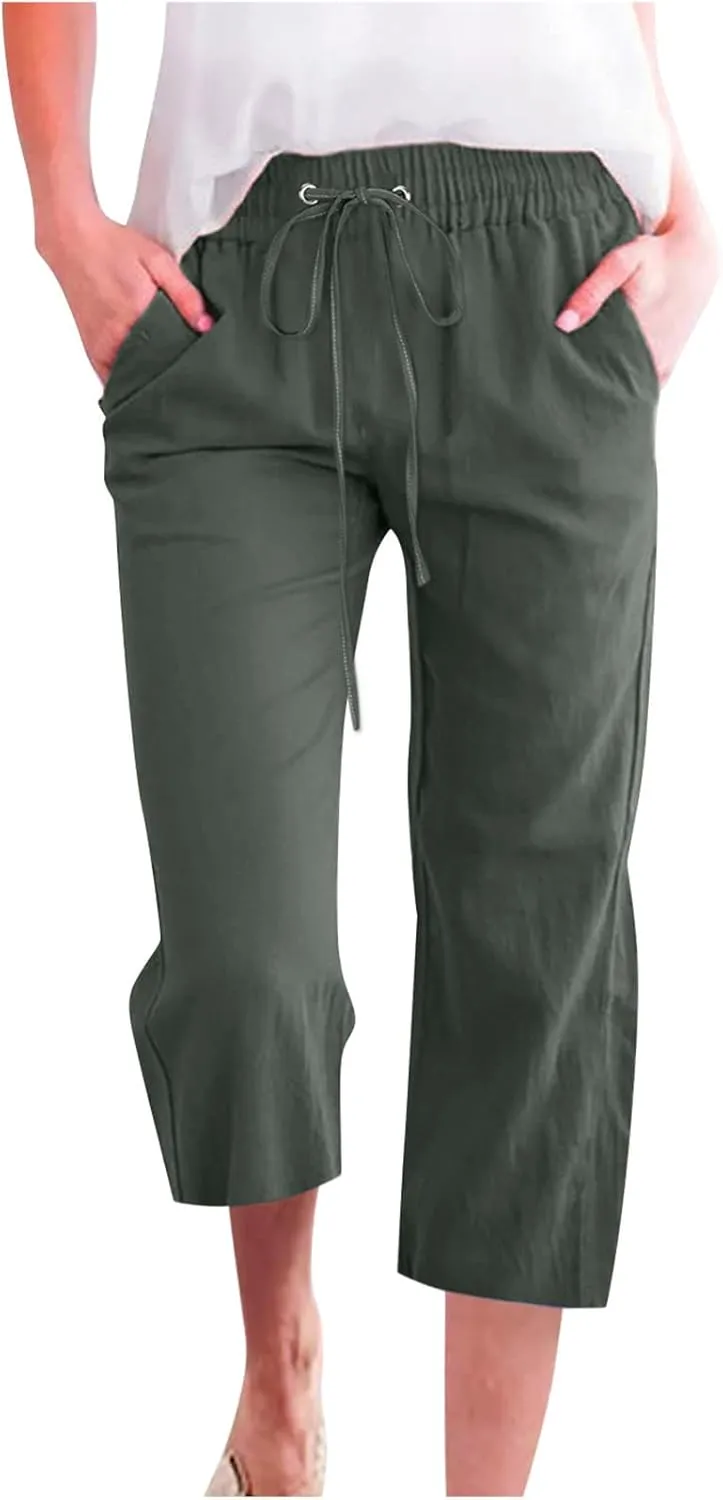 yardsong Capri Pants for Women Cotton Linen Casual Summer Pants Plus Size Drawstring Elastic Waist Capris with Pockets