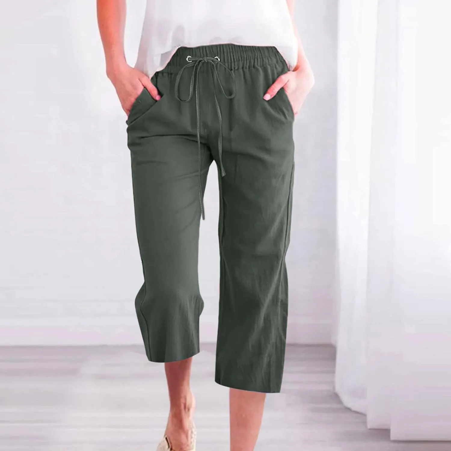yardsong Capri Pants for Women Cotton Linen Casual Summer Pants Plus Size Drawstring Elastic Waist Capris with Pockets