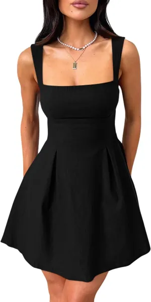 YMDUCH Women's Sexy Sleeveless Square Neck Adjustable Straps Bow Tie A-line Mini Party Club Dress