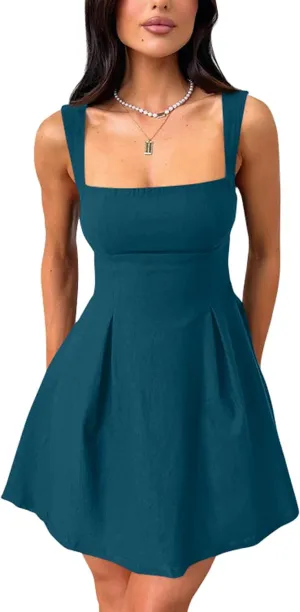 YMDUCH Women's Sexy Sleeveless Square Neck Adjustable Straps Bow Tie A-line Mini Party Club Dress