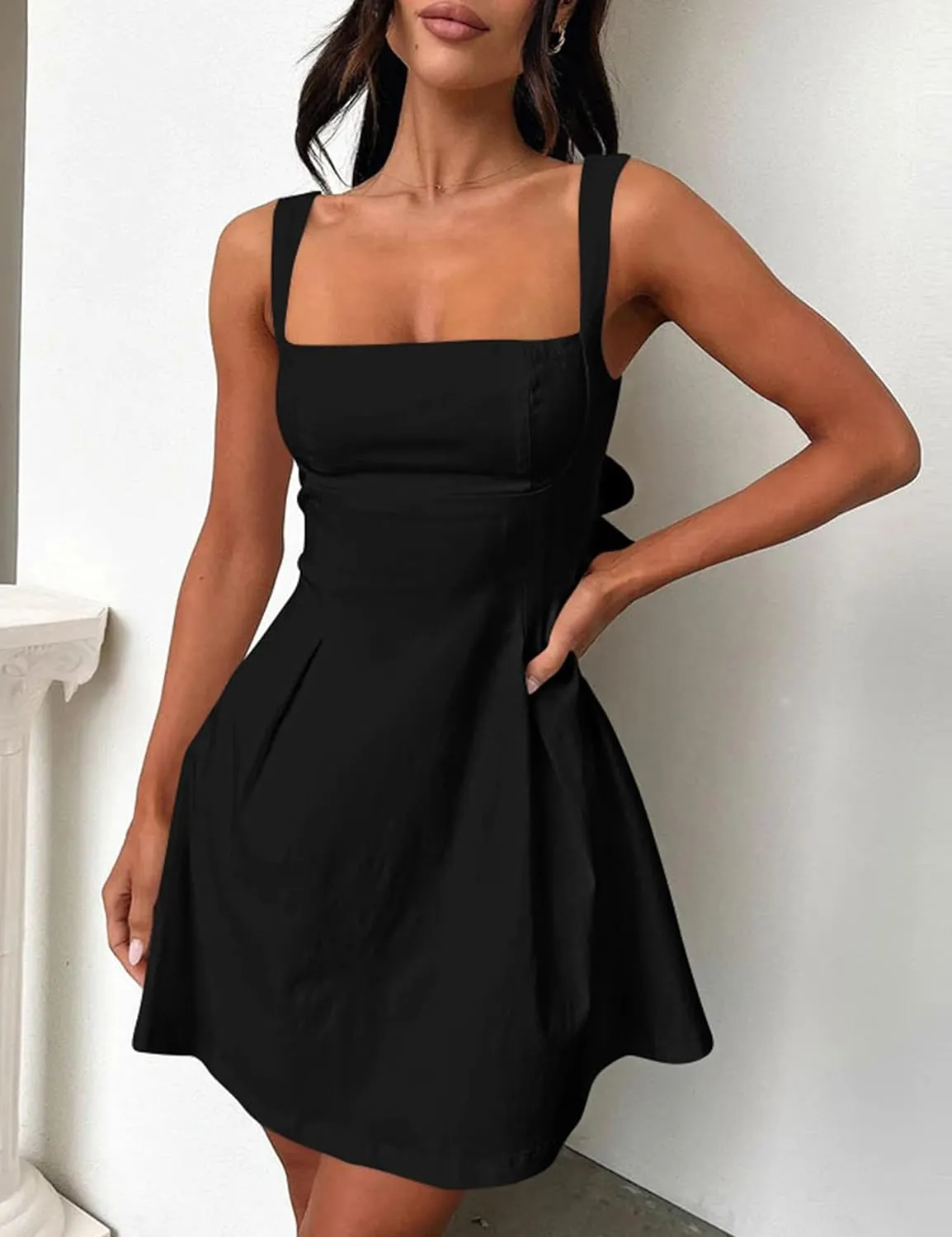 YMDUCH Women's Sexy Sleeveless Square Neck Adjustable Straps Bow Tie A-line Mini Party Club Dress