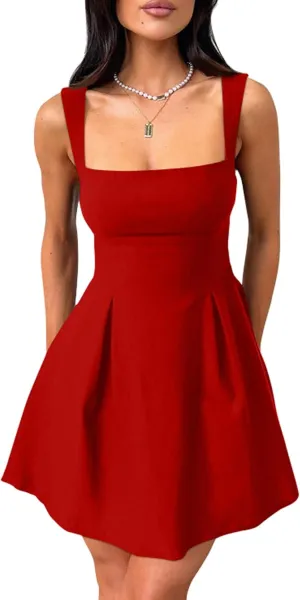 YMDUCH Women's Sexy Sleeveless Square Neck Adjustable Straps Bow Tie A-line Mini Party Club Dress