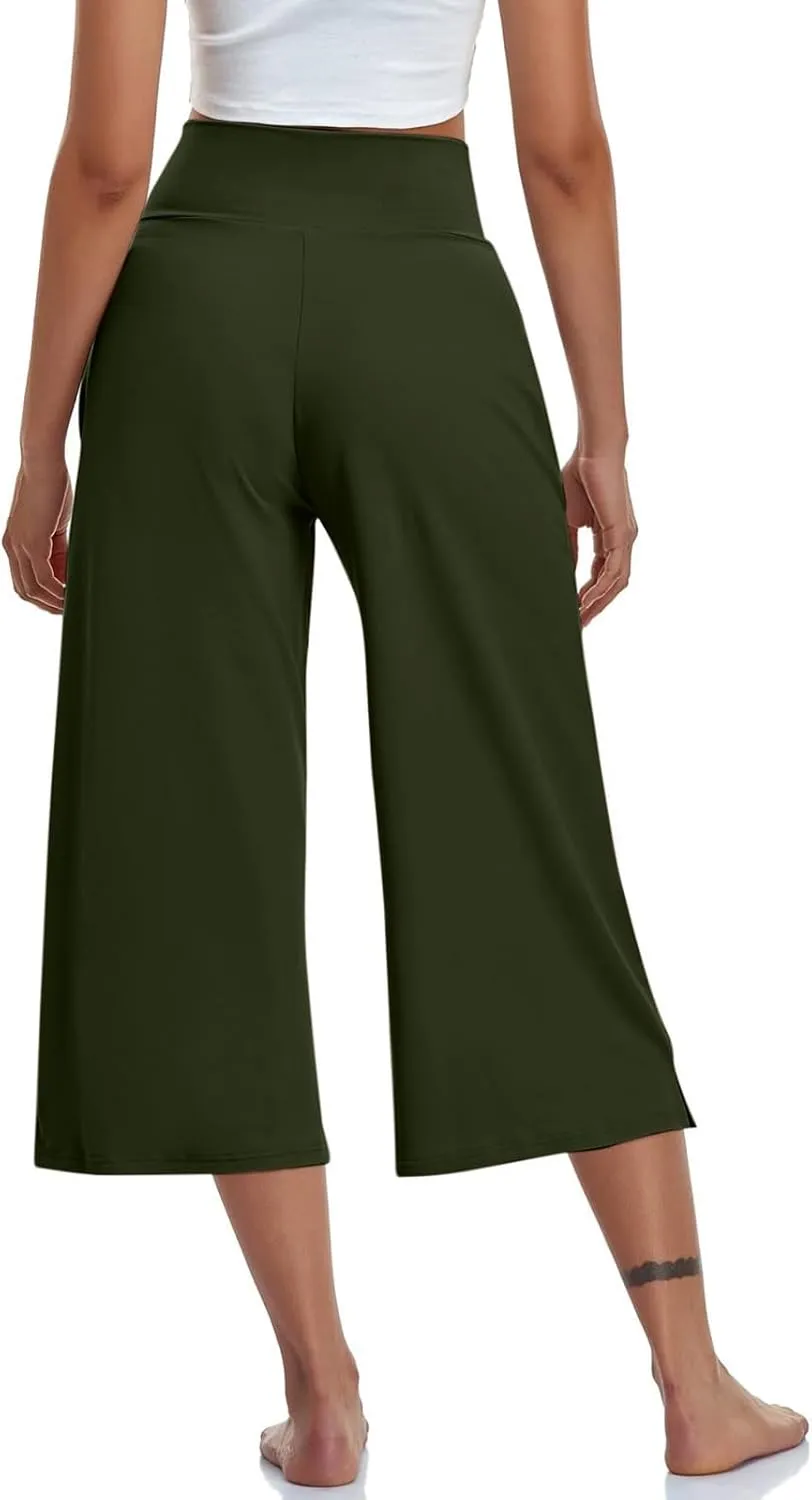 Yoga Pants for Women Fashion Crossover High Waist Capri Pants Lounge Wide Leg Cropped Pant Tummy Control Workout Trouser