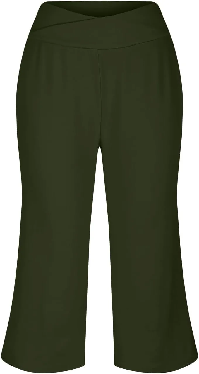 Yoga Pants for Women Fashion Crossover High Waist Capri Pants Lounge Wide Leg Cropped Pant Tummy Control Workout Trouser