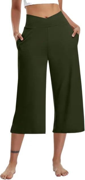 Yoga Pants for Women Fashion Crossover High Waist Capri Pants Lounge Wide Leg Cropped Pant Tummy Control Workout Trouser