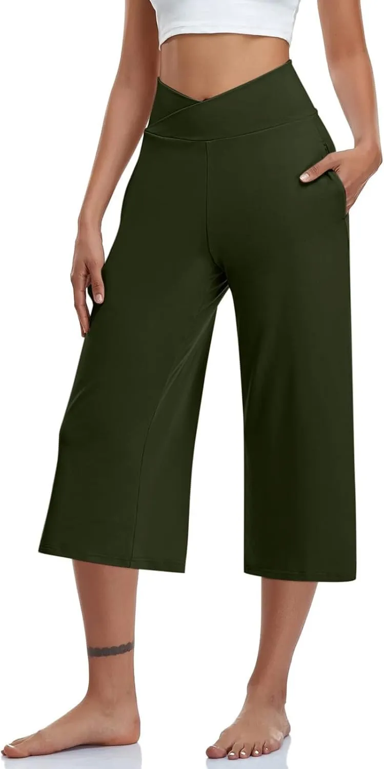 Yoga Pants for Women Fashion Crossover High Waist Capri Pants Lounge Wide Leg Cropped Pant Tummy Control Workout Trouser