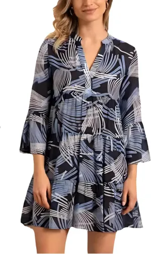 YouSexy Women's Summer 3/4 Sleeve Casual Dress V Neck Ruffle Loose Print Swing Mini Dresses