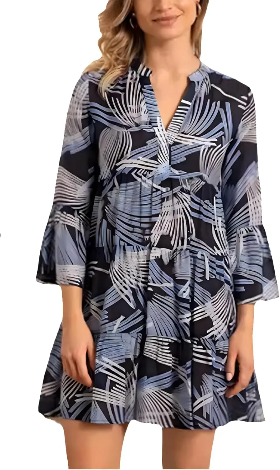 YouSexy Women's Summer 3/4 Sleeve Casual Dress V Neck Ruffle Loose Print Swing Mini Dresses