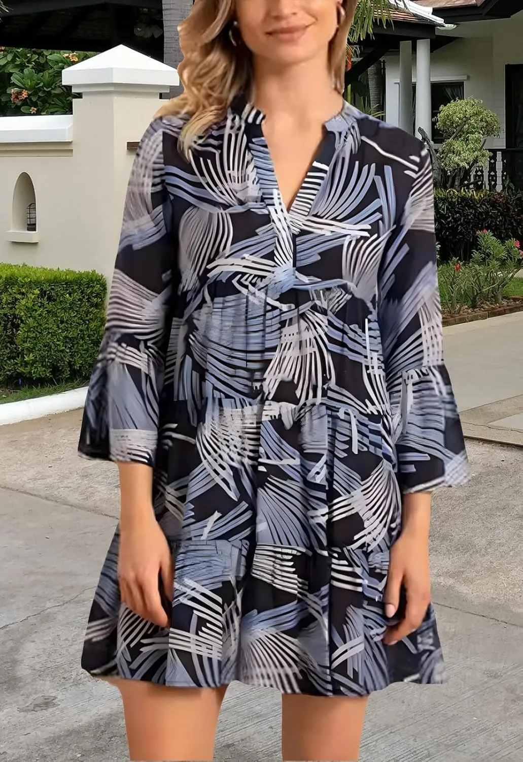 YouSexy Women's Summer 3/4 Sleeve Casual Dress V Neck Ruffle Loose Print Swing Mini Dresses