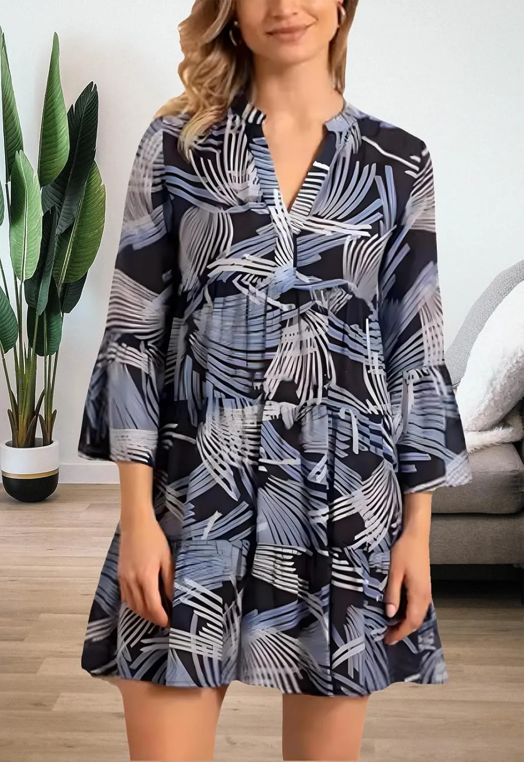 YouSexy Women's Summer 3/4 Sleeve Casual Dress V Neck Ruffle Loose Print Swing Mini Dresses