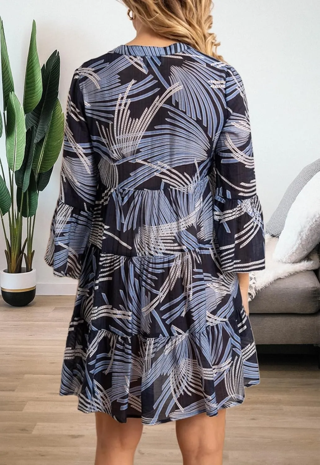 YouSexy Women's Summer 3/4 Sleeve Casual Dress V Neck Ruffle Loose Print Swing Mini Dresses