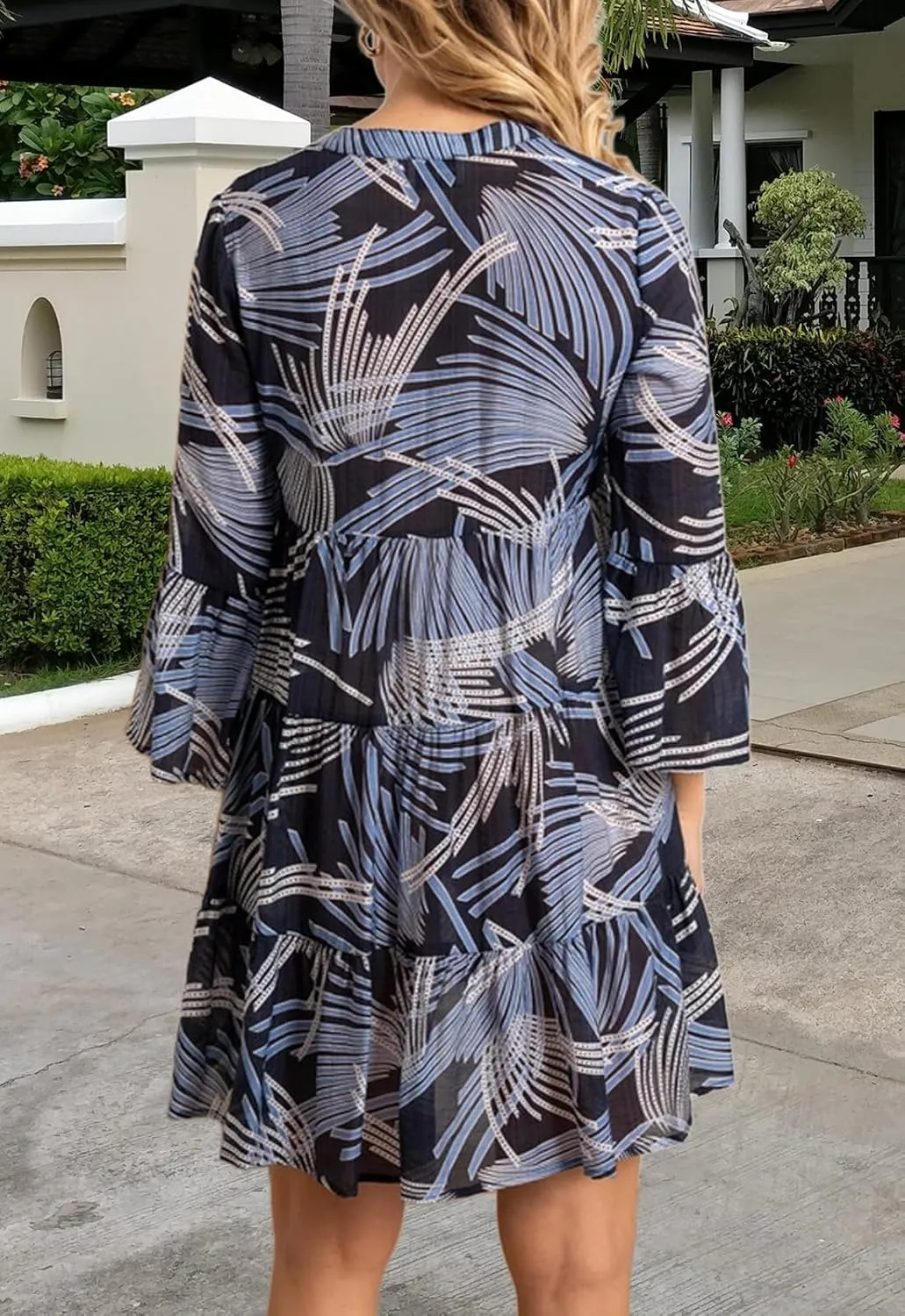 YouSexy Women's Summer 3/4 Sleeve Casual Dress V Neck Ruffle Loose Print Swing Mini Dresses