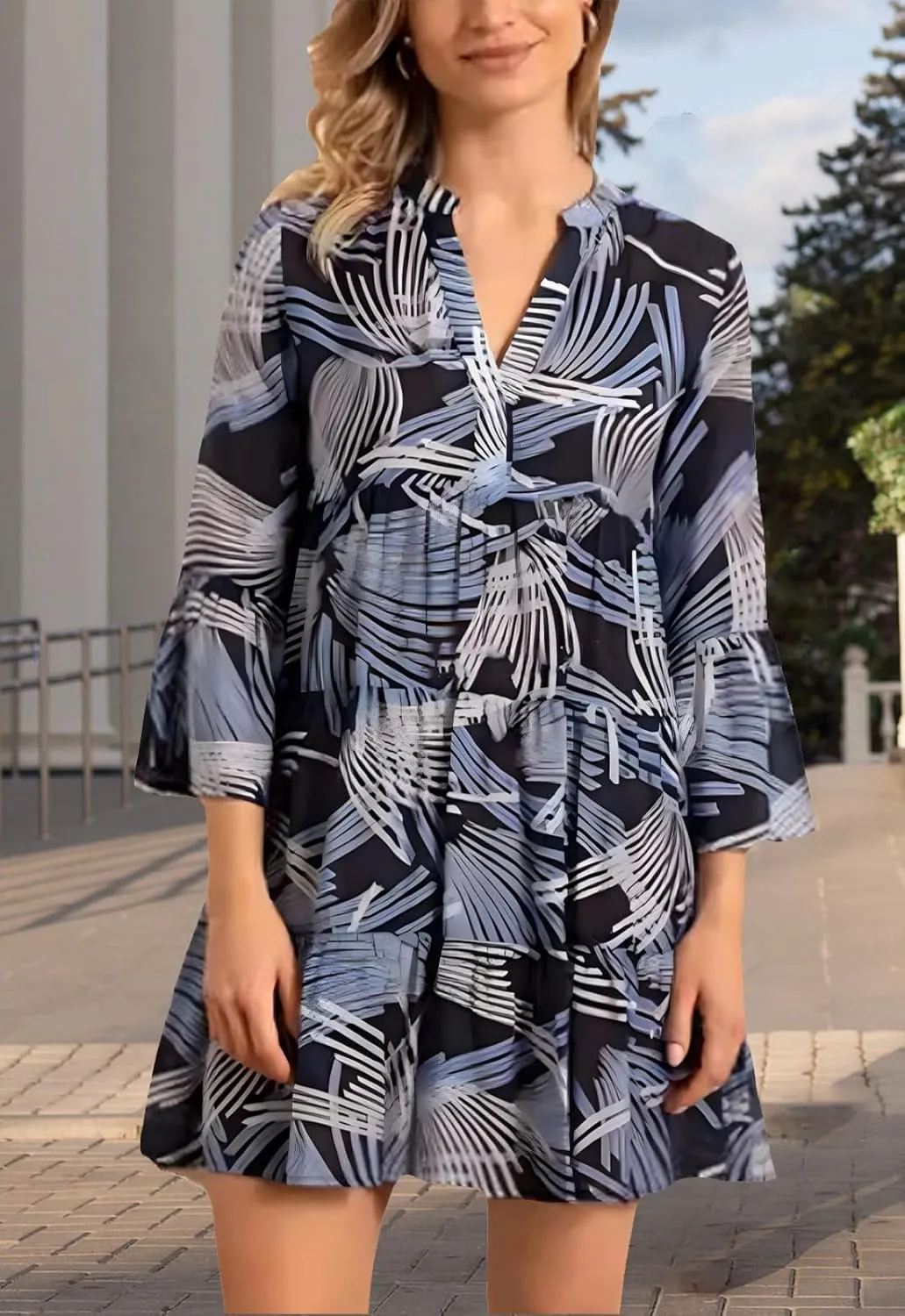 YouSexy Women's Summer 3/4 Sleeve Casual Dress V Neck Ruffle Loose Print Swing Mini Dresses