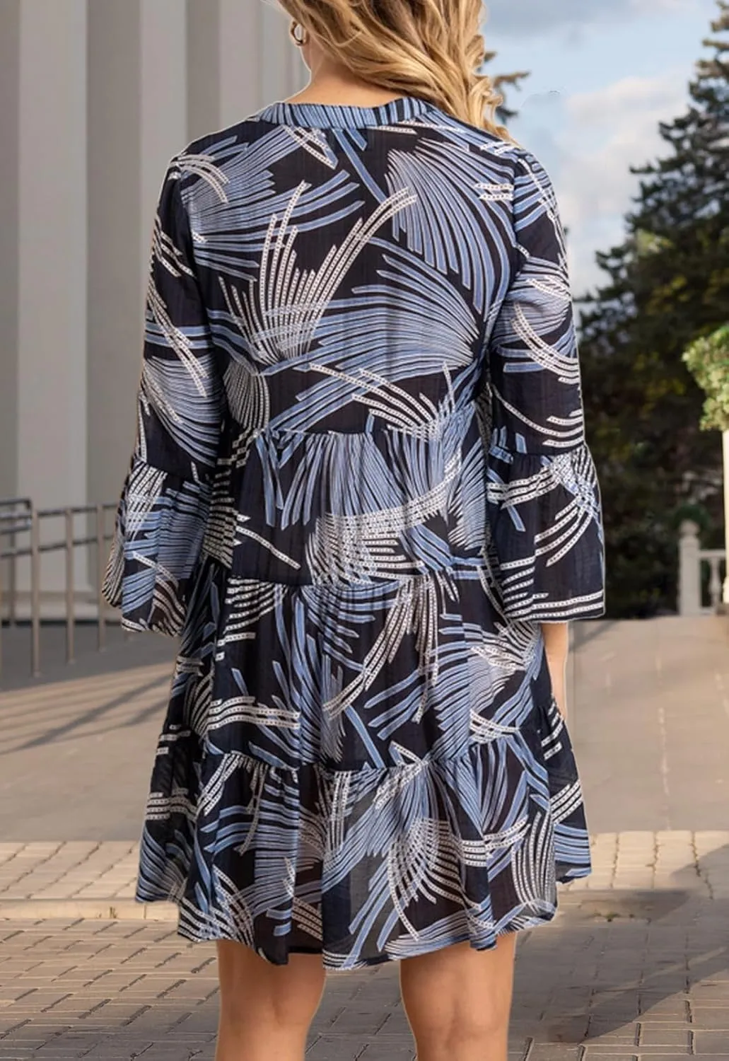 YouSexy Women's Summer 3/4 Sleeve Casual Dress V Neck Ruffle Loose Print Swing Mini Dresses