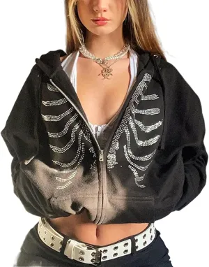 Yuemengxuan Women's Vintage Graphic Print Oversized Hoodies Zip Up Long Sleeve Sweatshirt Y2K Hip-pop Pullover Jackets
