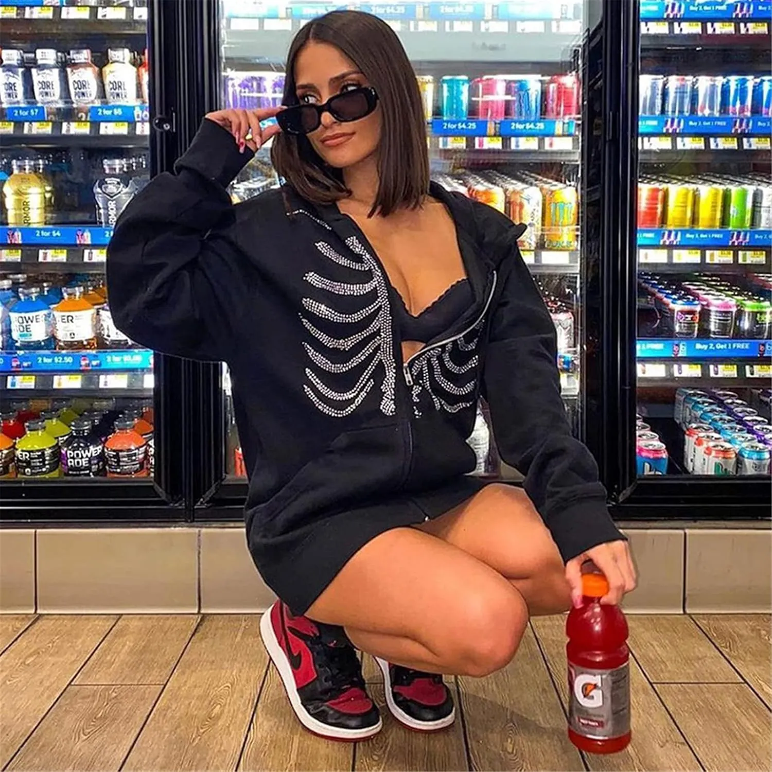 Yuemengxuan Women's Vintage Graphic Print Oversized Hoodies Zip Up Long Sleeve Sweatshirt Y2K Hip-pop Pullover Jackets
