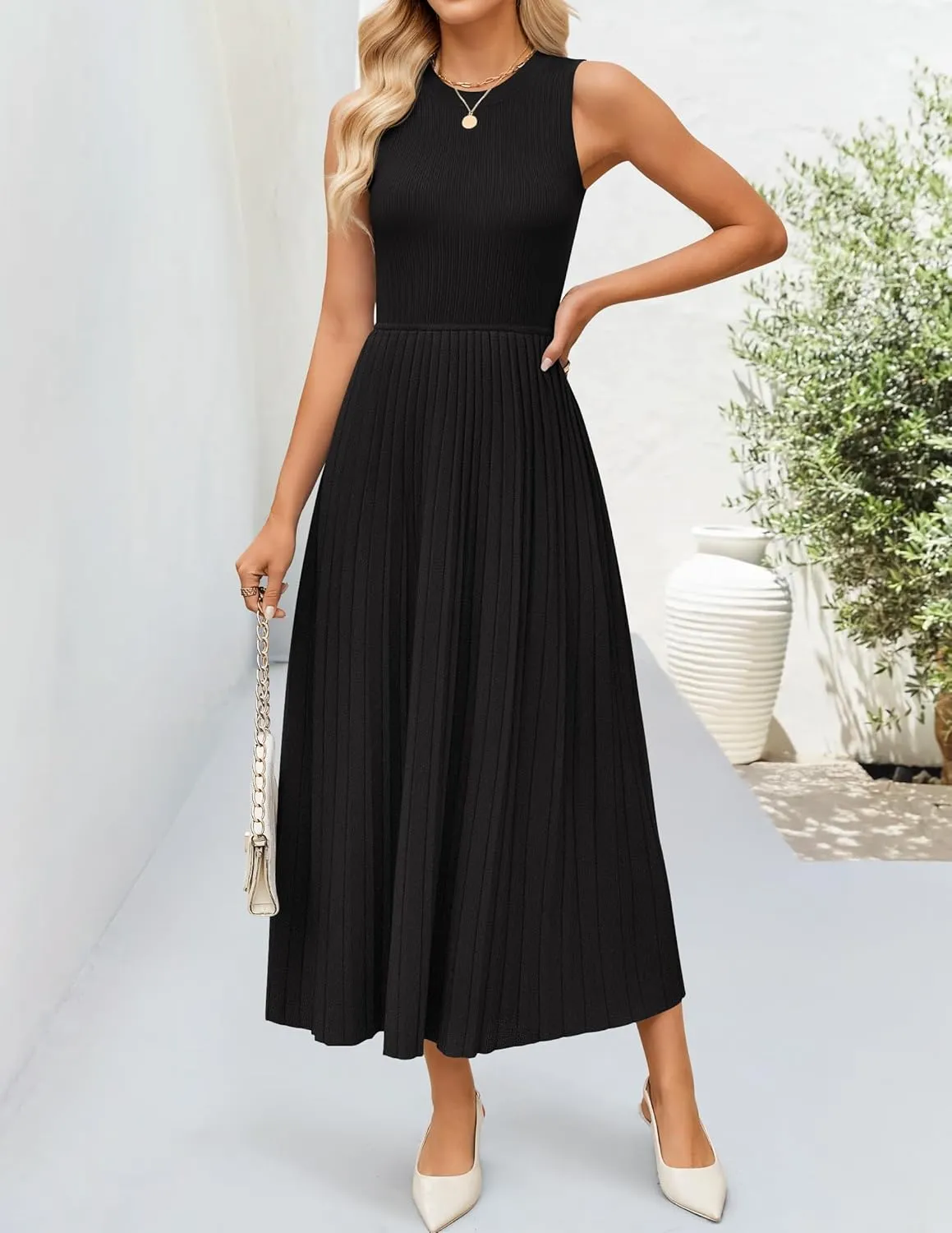 ZESICA Women's 2025 Summer Sleeveless Midi Dresses Casual Crewneck Ribbed Knit Pleated A Line Swing Long Party Dress