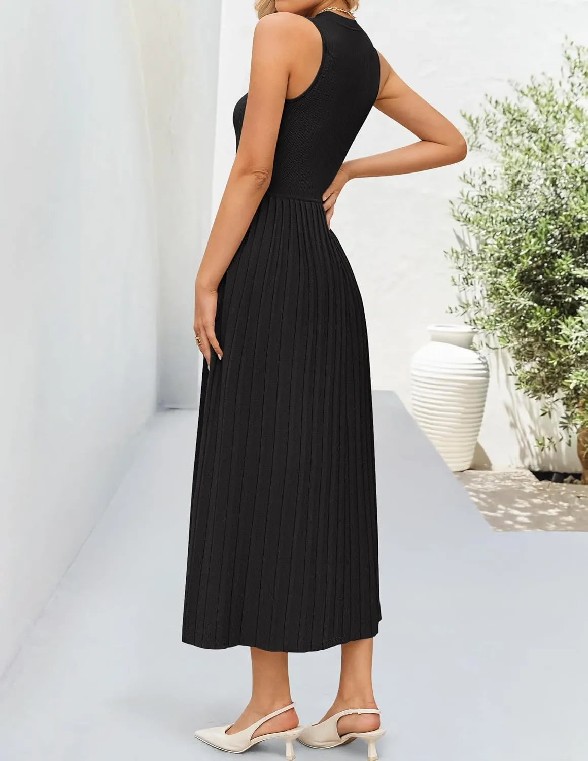 ZESICA Women's 2025 Summer Sleeveless Midi Dresses Casual Crewneck Ribbed Knit Pleated A Line Swing Long Party Dress