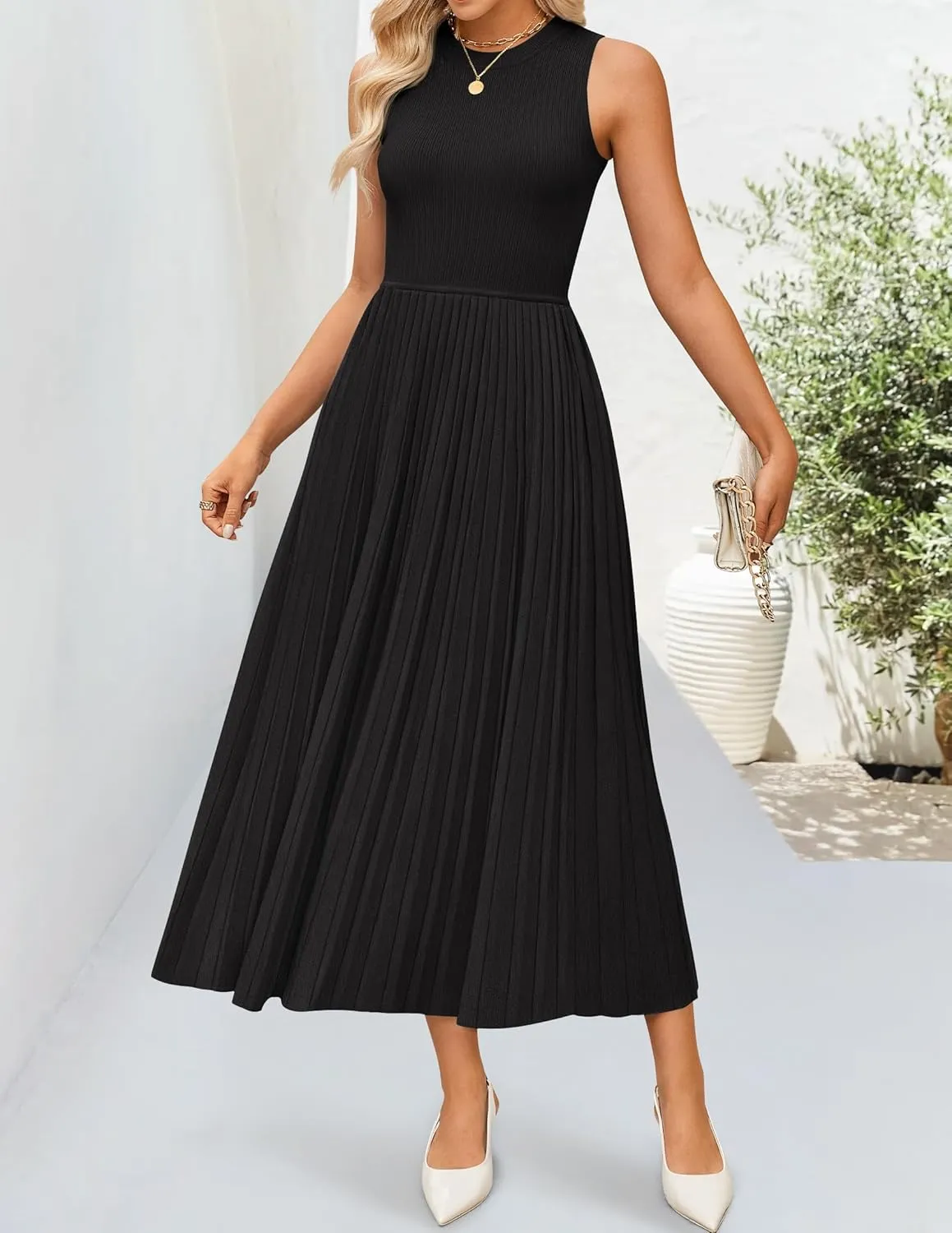 ZESICA Women's 2025 Summer Sleeveless Midi Dresses Casual Crewneck Ribbed Knit Pleated A Line Swing Long Party Dress