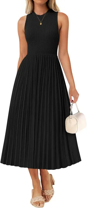 ZESICA Women's 2025 Summer Sleeveless Midi Dresses Casual Crewneck Ribbed Knit Pleated A Line Swing Long Party Dress