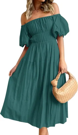ZESICA Women's Sexy Boho Off Shoulder Puff Short Sleeve High Waist Ruffled Flowy A Line Beach Party Midi Dress