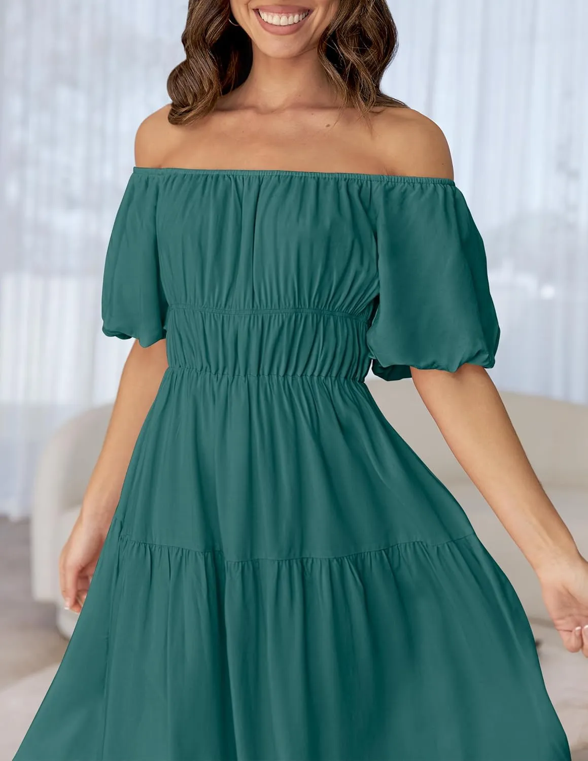 ZESICA Women's Sexy Boho Off Shoulder Puff Short Sleeve High Waist Ruffled Flowy A Line Beach Party Midi Dress
