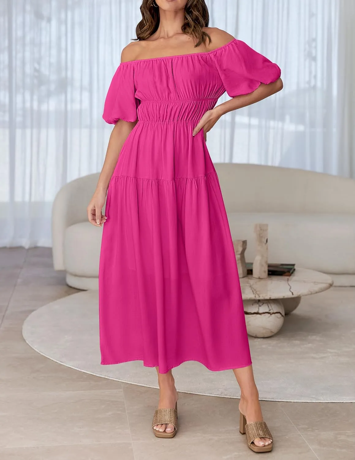 ZESICA Women's Sexy Boho Off Shoulder Puff Short Sleeve High Waist Ruffled Flowy A Line Beach Party Midi Dress