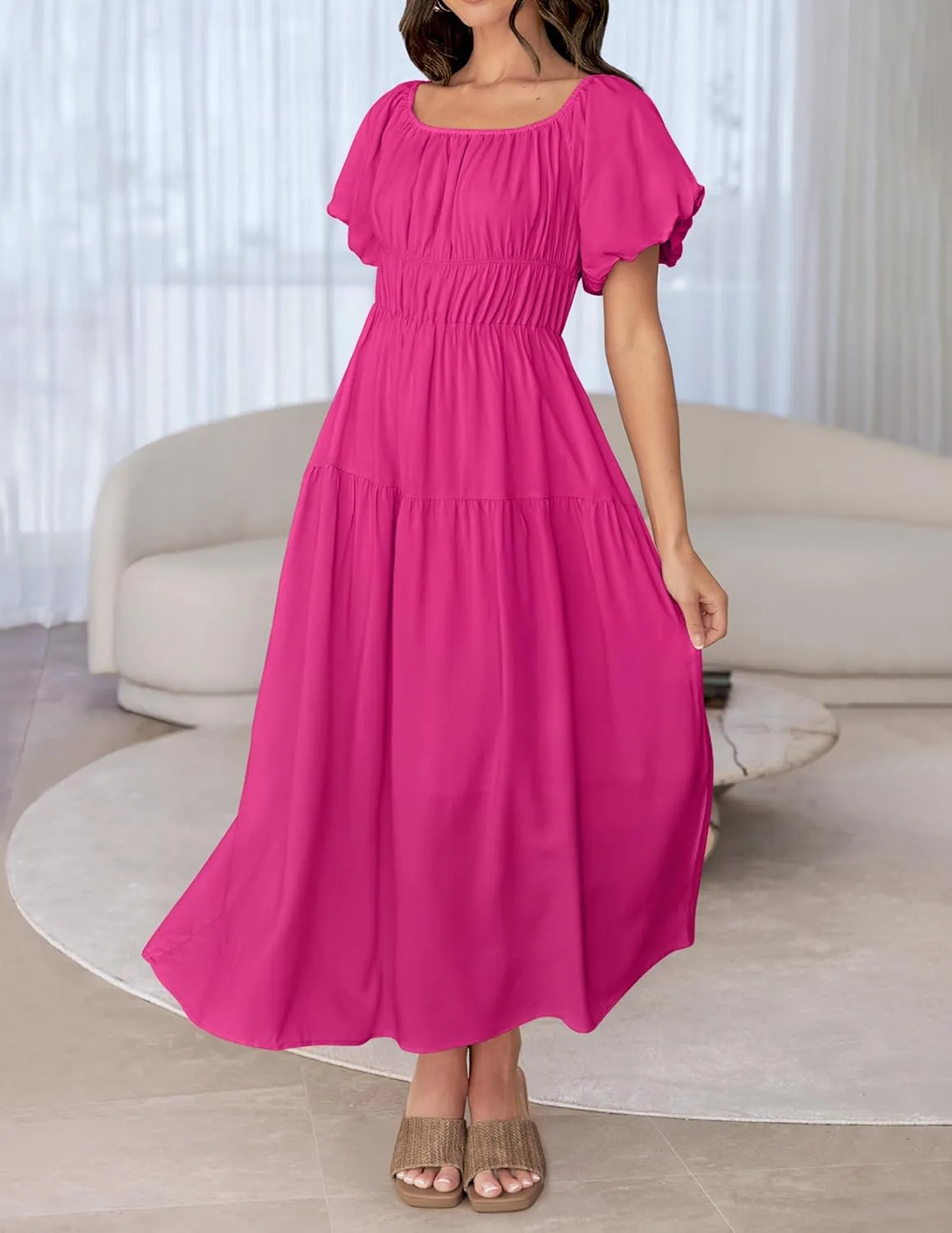 ZESICA Women's Sexy Boho Off Shoulder Puff Short Sleeve High Waist Ruffled Flowy A Line Beach Party Midi Dress