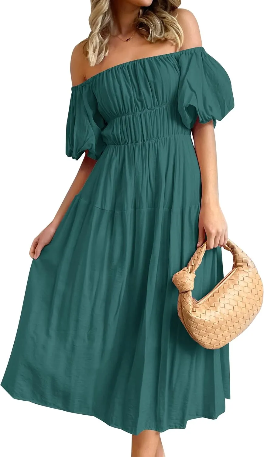 ZESICA Women's Sexy Boho Off Shoulder Puff Short Sleeve High Waist Ruffled Flowy A Line Beach Party Midi Dress