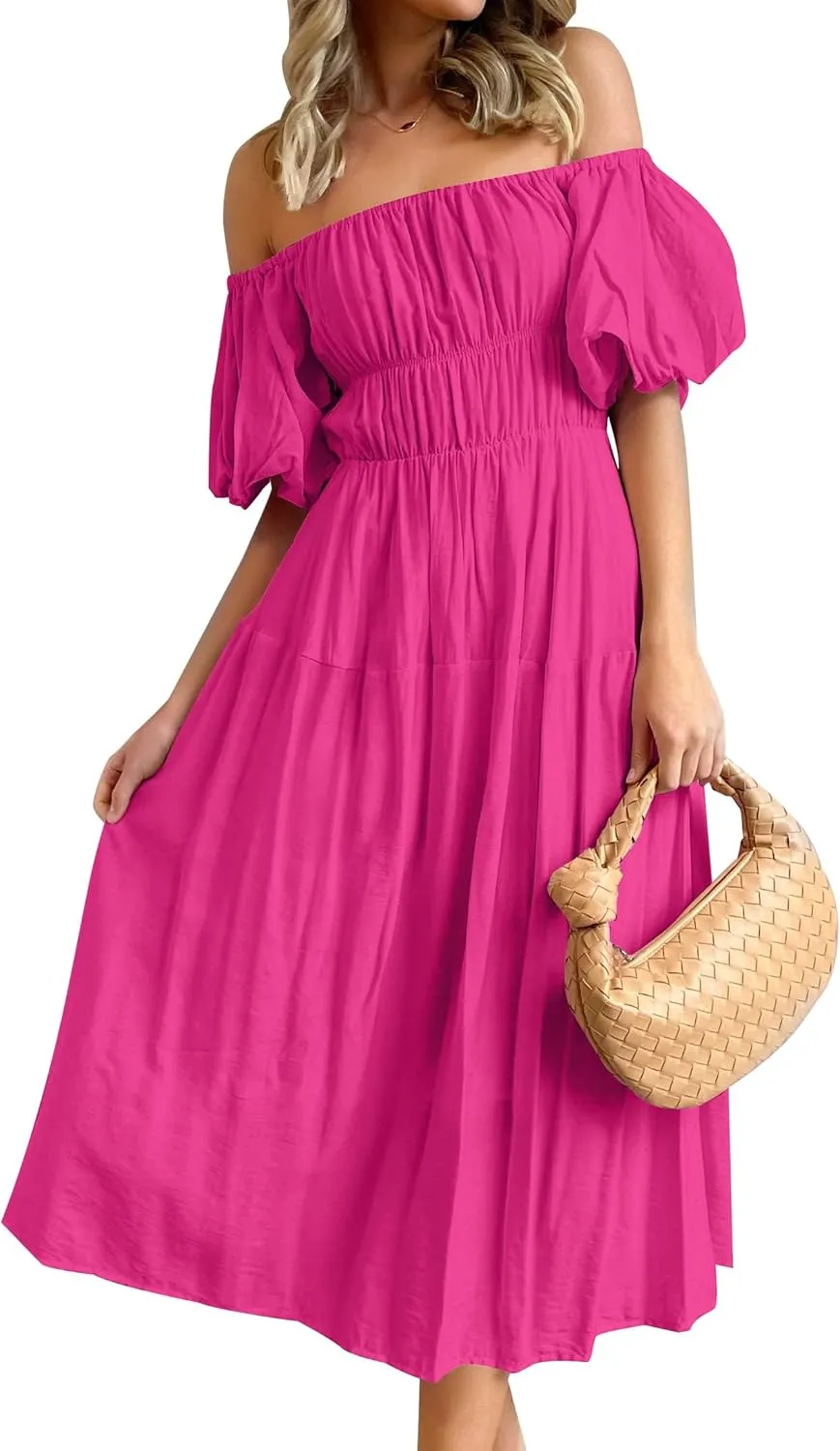 ZESICA Women's Sexy Boho Off Shoulder Puff Short Sleeve High Waist Ruffled Flowy A Line Beach Party Midi Dress