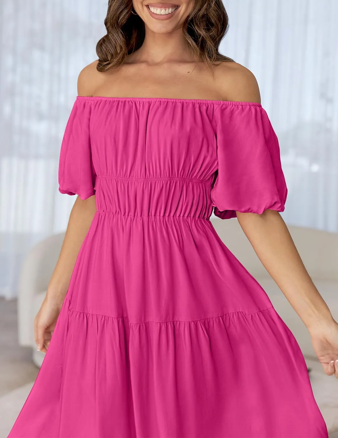 ZESICA Women's Sexy Boho Off Shoulder Puff Short Sleeve High Waist Ruffled Flowy A Line Beach Party Midi Dress