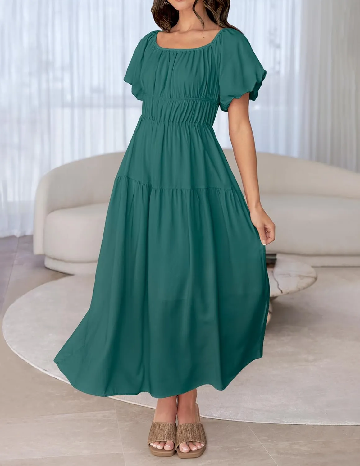 ZESICA Women's Sexy Boho Off Shoulder Puff Short Sleeve High Waist Ruffled Flowy A Line Beach Party Midi Dress
