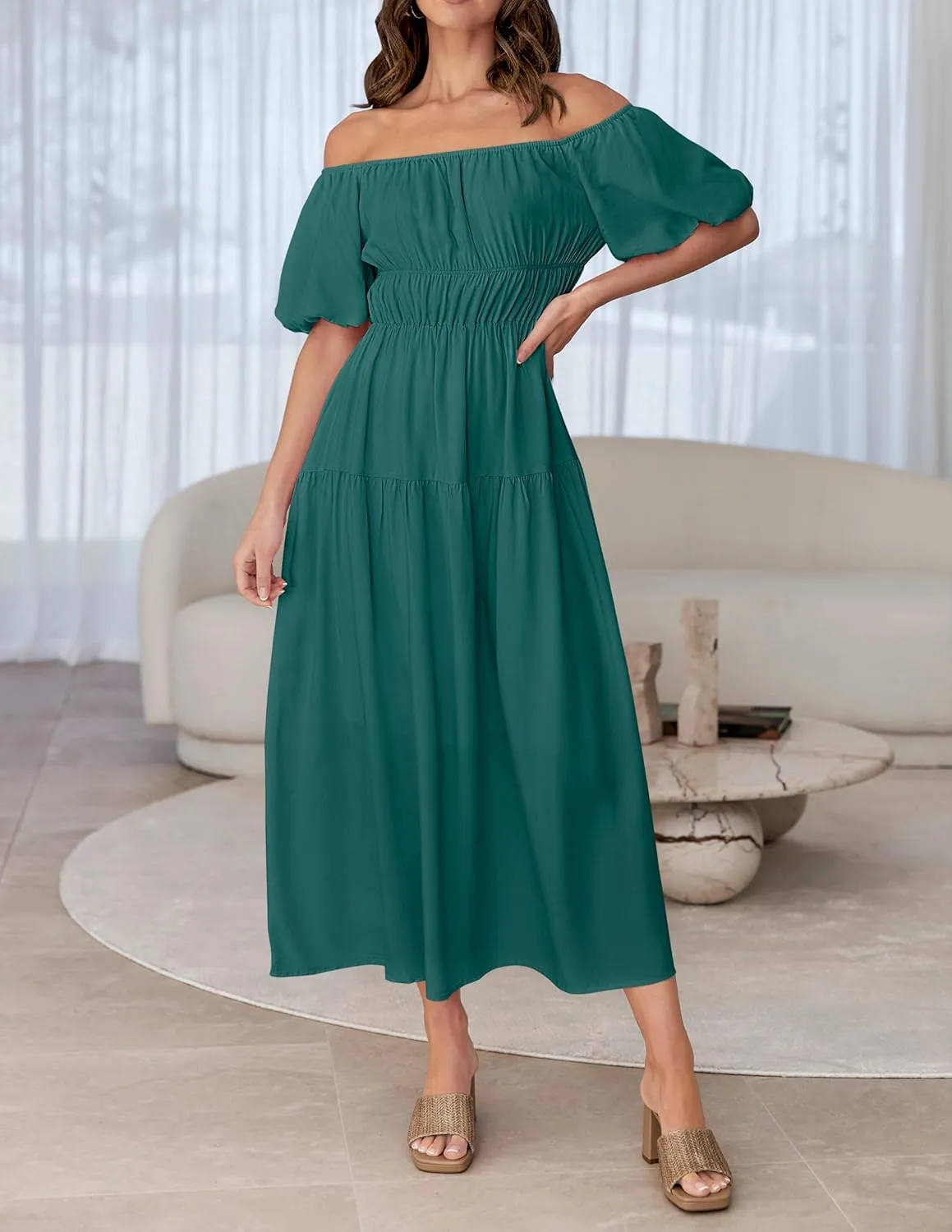 ZESICA Women's Sexy Boho Off Shoulder Puff Short Sleeve High Waist Ruffled Flowy A Line Beach Party Midi Dress