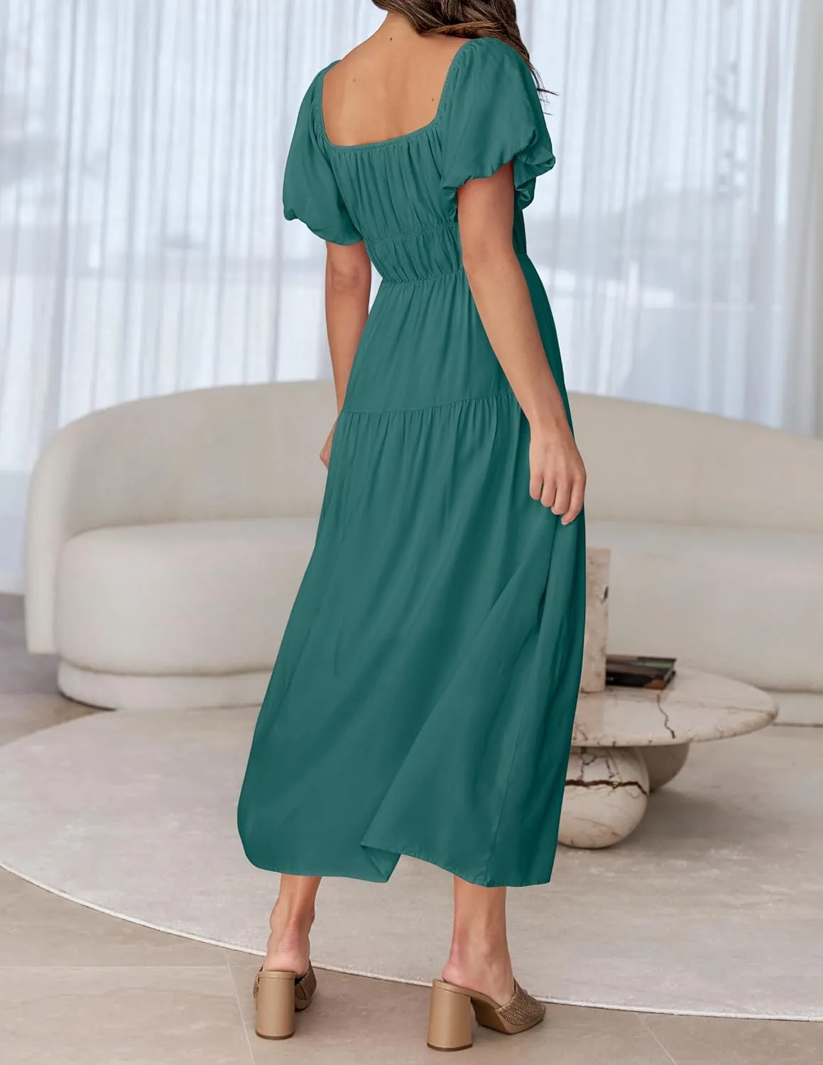 ZESICA Women's Sexy Boho Off Shoulder Puff Short Sleeve High Waist Ruffled Flowy A Line Beach Party Midi Dress