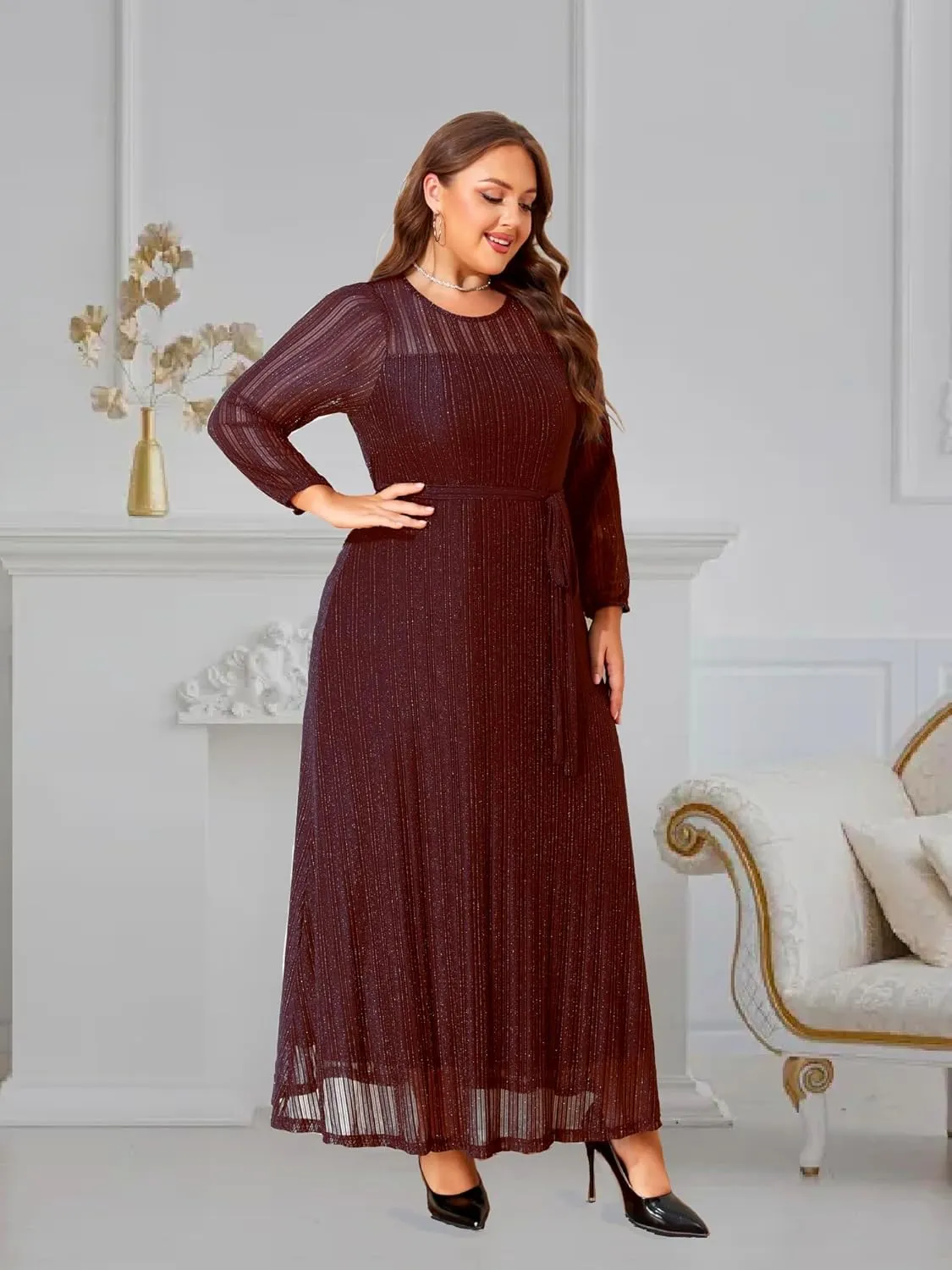 ZNU Plus Size Glitter Mesh Dress Women Wedding Guest Formal Cocktail Gown A-Line Maxi Dress Long Sleeve