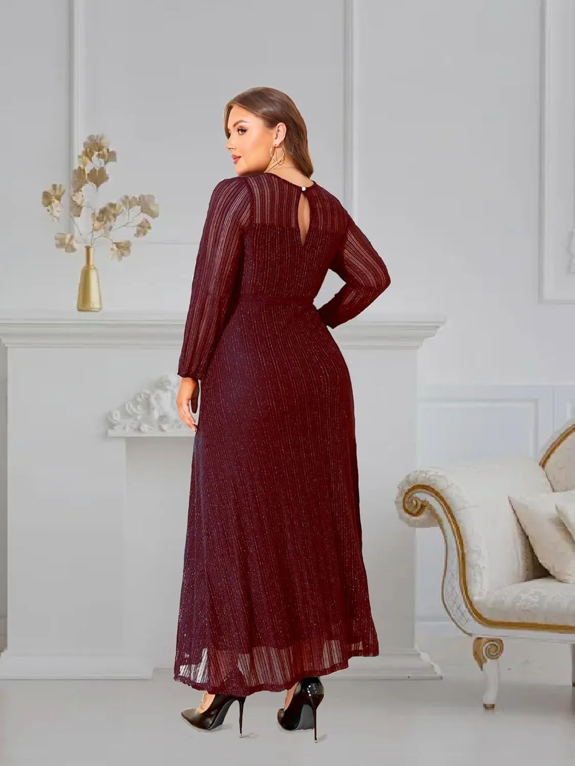 ZNU Plus Size Glitter Mesh Dress Women Wedding Guest Formal Cocktail Gown A-Line Maxi Dress Long Sleeve