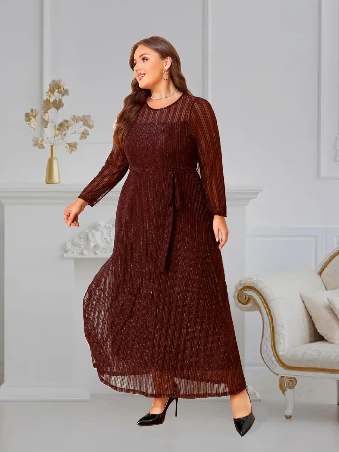 ZNU Plus Size Glitter Mesh Dress Women Wedding Guest Formal Cocktail Gown A-Line Maxi Dress Long Sleeve