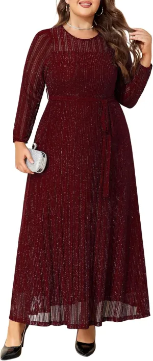 ZNU Plus Size Glitter Mesh Dress Women Wedding Guest Formal Cocktail Gown A-Line Maxi Dress Long Sleeve