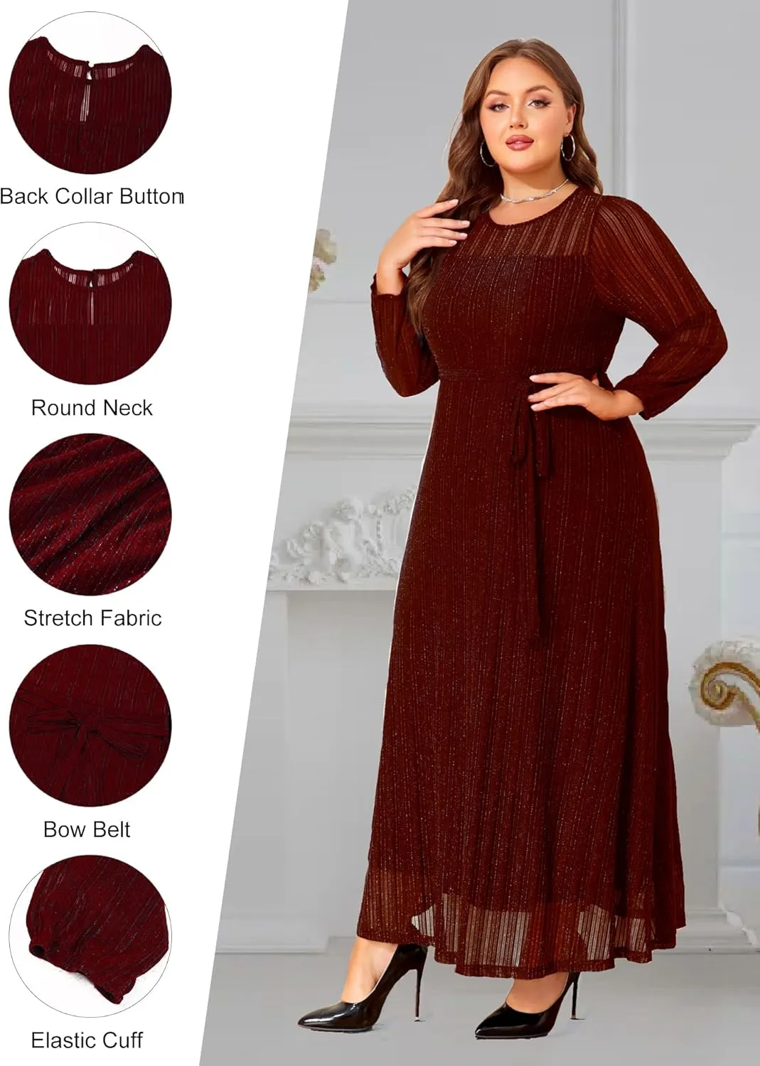 ZNU Plus Size Glitter Mesh Dress Women Wedding Guest Formal Cocktail Gown A-Line Maxi Dress Long Sleeve